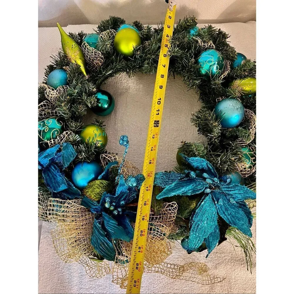 Teal, Lime, Green Bauble Wreath: Azure Poinsettias, Holiday Front Door Decor